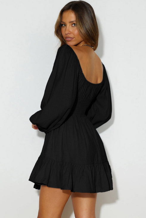 Shirred Drawstring Ruffle Long Sleeve Casual Mini Dress