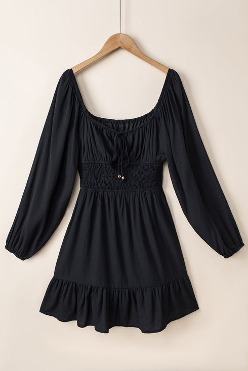 Shirred Drawstring Ruffle Long Sleeve Casual Mini Dress