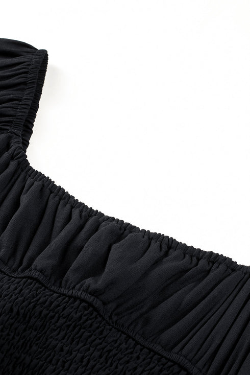 Shirred Drawstring Ruffle Long Sleeve Casual Mini Dress