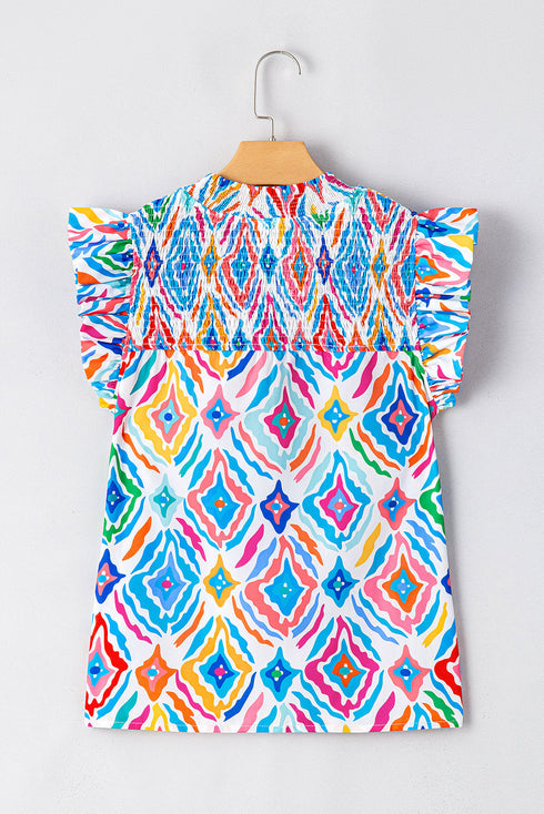 Shirred Mock Neck Geometric Print Flutter Sleeve Blouse