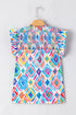 Shirred Mock Neck Geometric Print Flutter Sleeve Blouse