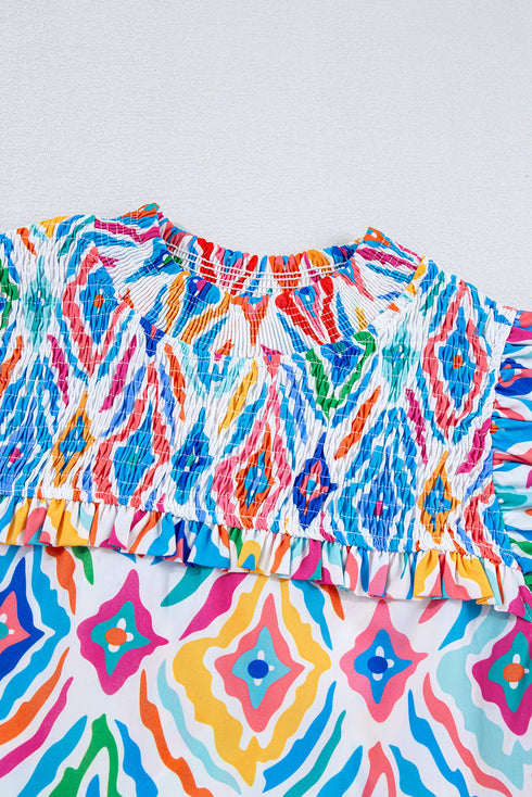 Shirred Mock Neck Geometric Print Flutter Sleeve Blouse