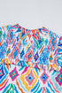 Shirred Mock Neck Geometric Print Flutter Sleeve Blouse