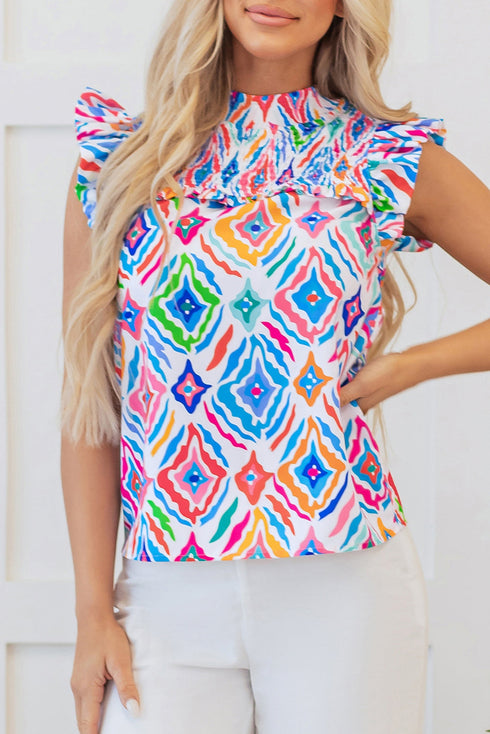 Shirred Mock Neck Geometric Print Flutter Sleeve Blouse