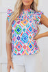 Shirred Mock Neck Geometric Print Flutter Sleeve Blouse