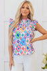 Shirred Mock Neck Geometric Print Flutter Sleeve Blouse