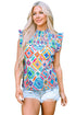 Shirred Mock Neck Geometric Print Flutter Sleeve Blouse