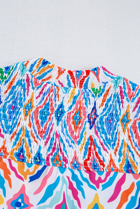 Shirred Mock Neck Geometric Print Flutter Sleeve Blouse