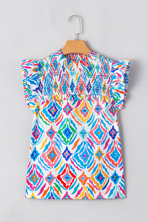 Shirred Mock Neck Geometric Print Flutter Sleeve Blouse