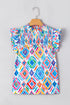 Shirred Mock Neck Geometric Print Flutter Sleeve Blouse