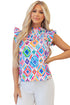 Shirred Mock Neck Geometric Print Flutter Sleeve Blouse