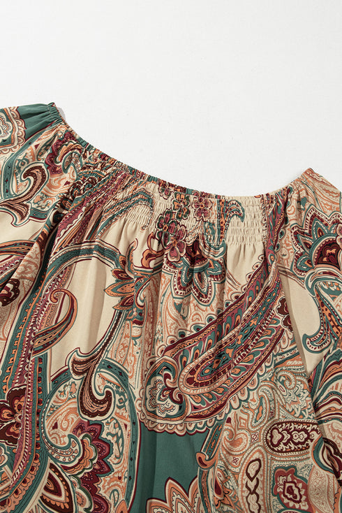 Shirred Off Shoulder Paisley Print Draped Sleeve Blouse