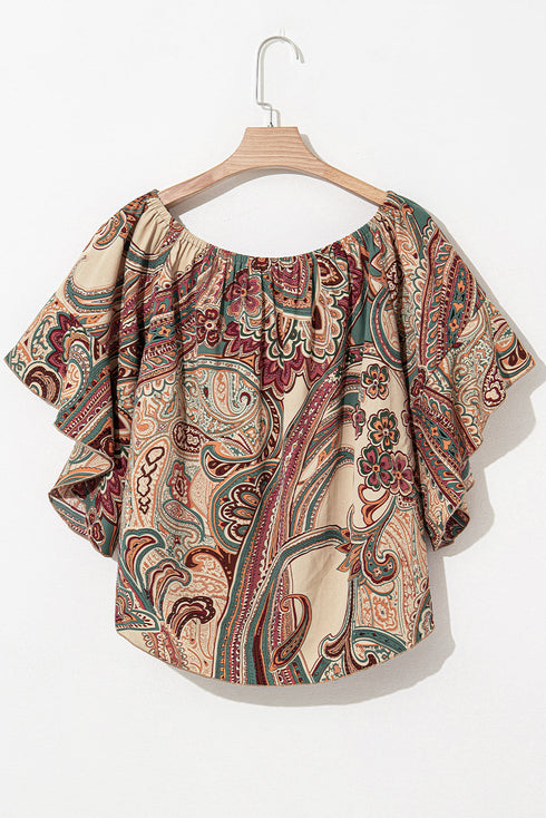 Shirred Off Shoulder Paisley Print Draped Sleeve Blouse
