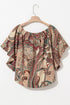 Shirred Off Shoulder Paisley Print Draped Sleeve Blouse