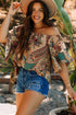 Shirred Off Shoulder Paisley Print Draped Sleeve Blouse