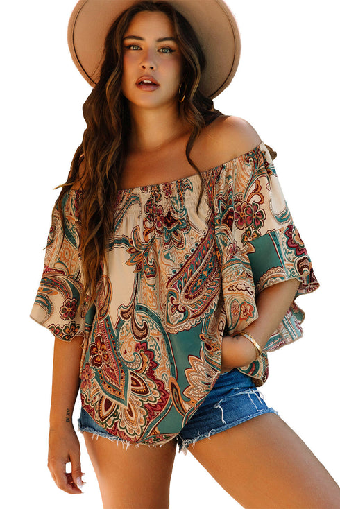 Shirred Off Shoulder Paisley Print Draped Sleeve Blouse