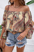 Shirred Off Shoulder Paisley Print Draped Sleeve Blouse