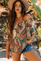 Shirred Off Shoulder Paisley Print Draped Sleeve Blouse