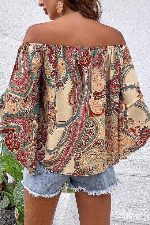 Shirred Off Shoulder Paisley Print Draped Sleeve Blouse