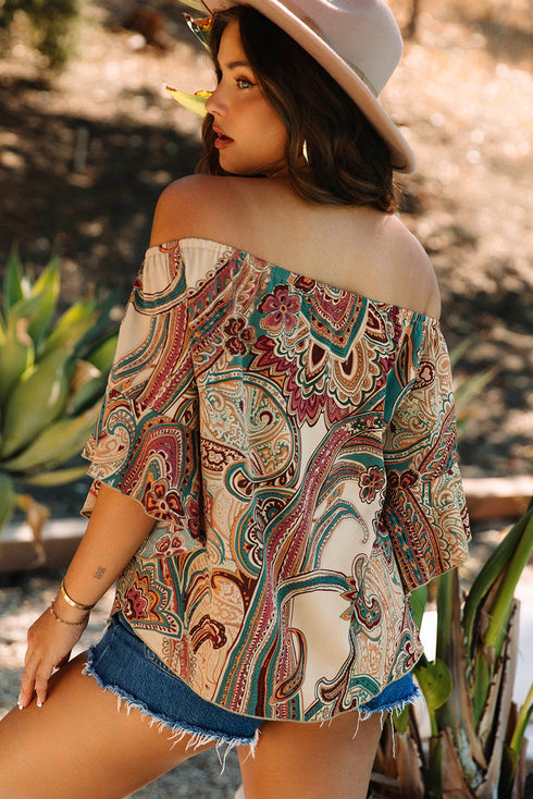 Shirred Off Shoulder Paisley Print Draped Sleeve Blouse