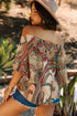 Shirred Off Shoulder Paisley Print Draped Sleeve Blouse