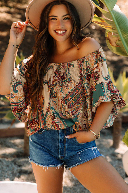 Shirred Off Shoulder Paisley Print Draped Sleeve Blouse