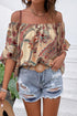 Shirred Off Shoulder Paisley Print Draped Sleeve Blouse