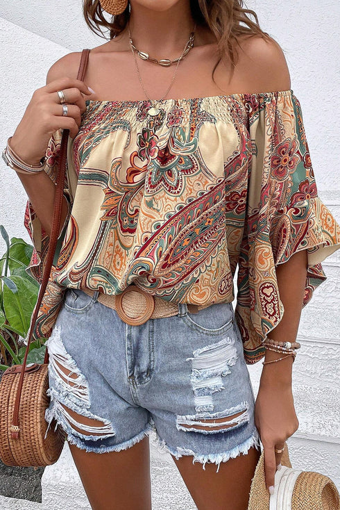 Shirred Off Shoulder Paisley Print Draped Sleeve Blouse