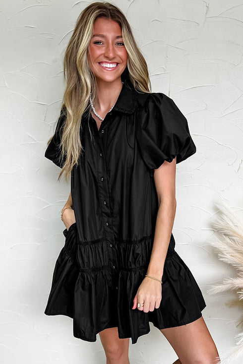 Shirt Style Button Down Puff Sleeve Ruffle Hem Dress