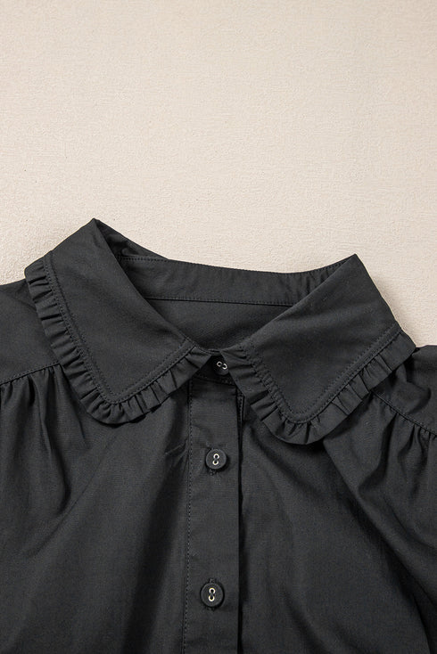 Shirt Style Button Down Puff Sleeve Ruffle Hem Dress