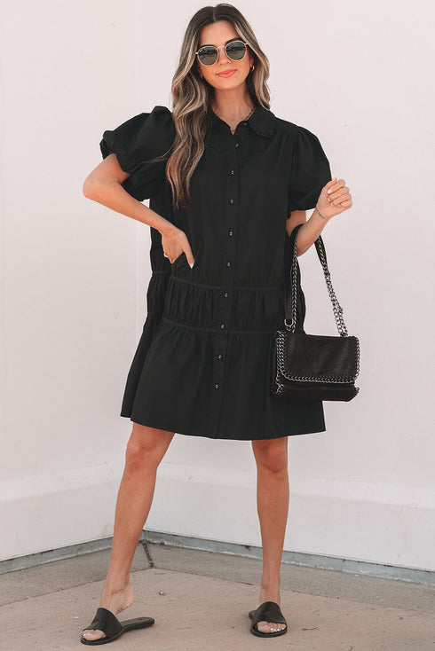 Shirt Style Button Down Puff Sleeve Ruffle Hem Dress