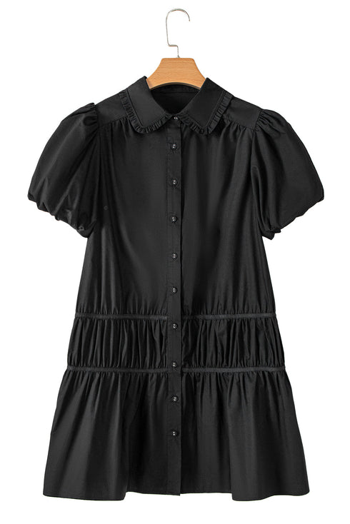Shirt Style Button Down Puff Sleeve Ruffle Hem Dress