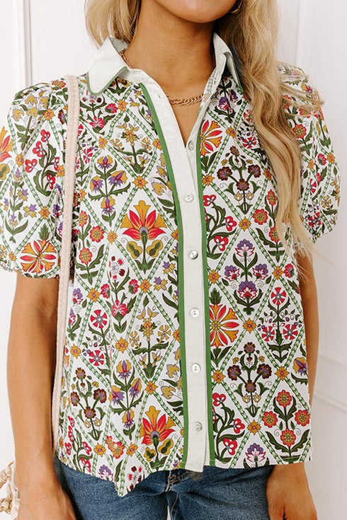 Short Bubble Sleeve Floral Print Contrast Trim Blouse