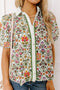 Short Bubble Sleeve Floral Print Contrast Trim Blouse