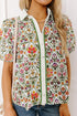 Short Bubble Sleeve Floral Print Contrast Trim Blouse
