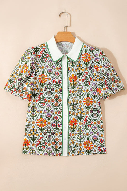 Short Bubble Sleeve Floral Print Contrast Trim Blouse