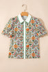 Short Bubble Sleeve Floral Print Contrast Trim Blouse