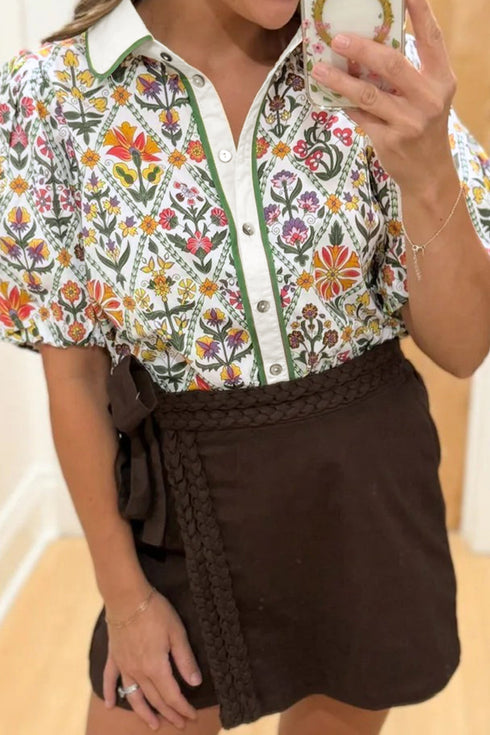 Short Bubble Sleeve Floral Print Contrast Trim Blouse