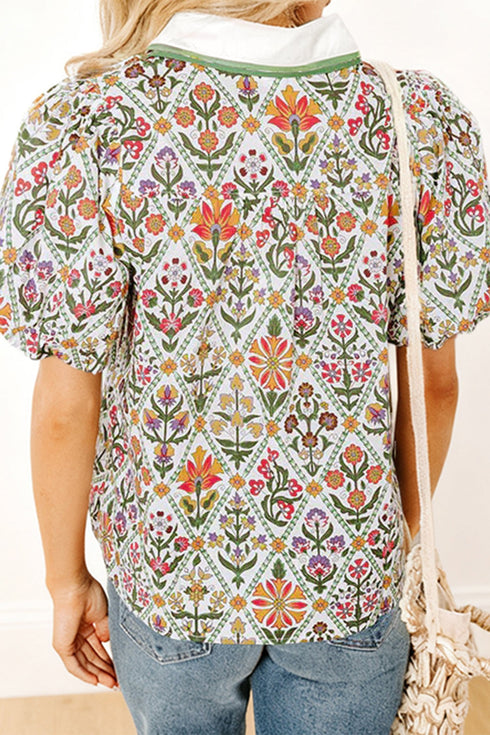 Short Bubble Sleeve Floral Print Contrast Trim Blouse