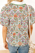 Short Bubble Sleeve Floral Print Contrast Trim Blouse