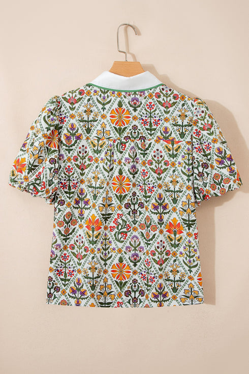Short Bubble Sleeve Floral Print Contrast Trim Blouse