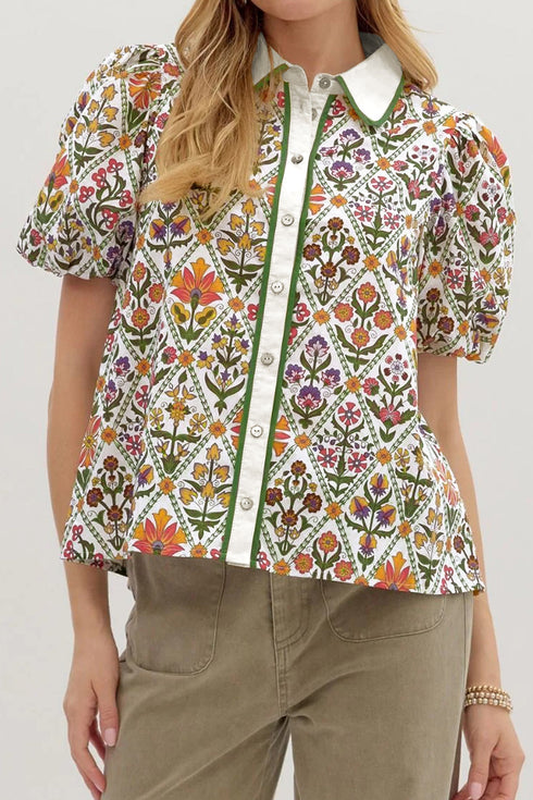 Short Bubble Sleeve Floral Print Contrast Trim Blouse