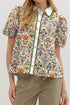 Short Bubble Sleeve Floral Print Contrast Trim Blouse
