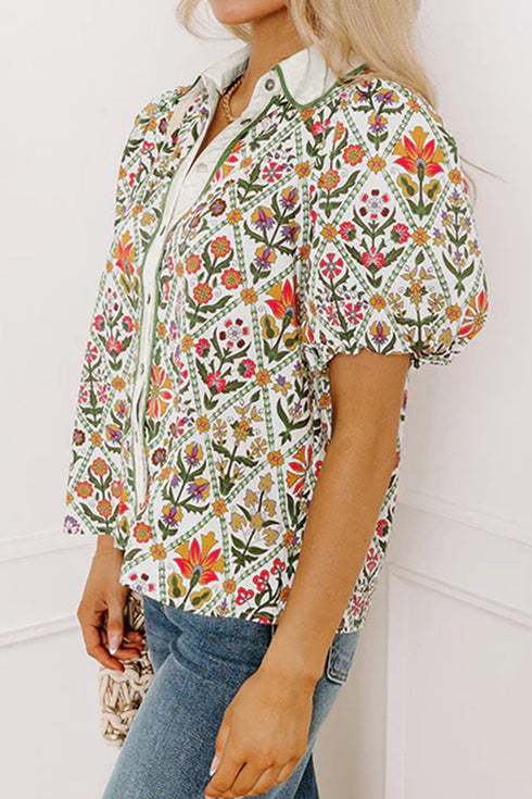 Short Bubble Sleeve Floral Print Contrast Trim Blouse
