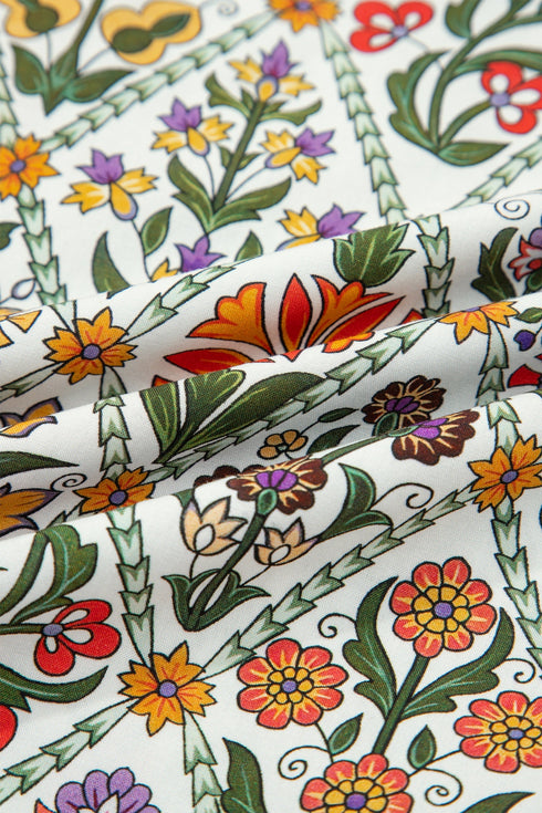 Short Bubble Sleeve Floral Print Contrast Trim Blouse