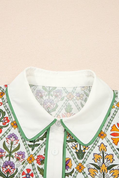 Short Bubble Sleeve Floral Print Contrast Trim Blouse