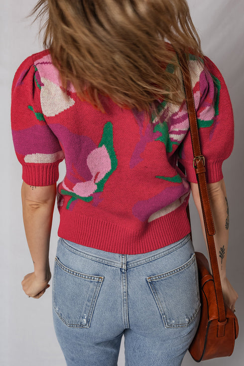 Short Puff Sleeve Abstract Floral Crew Neck Sweater