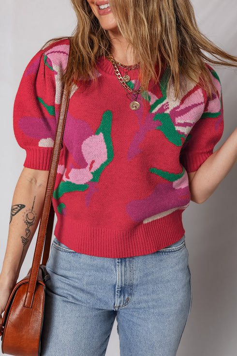 Short Puff Sleeve Abstract Floral Crew Neck Sweater