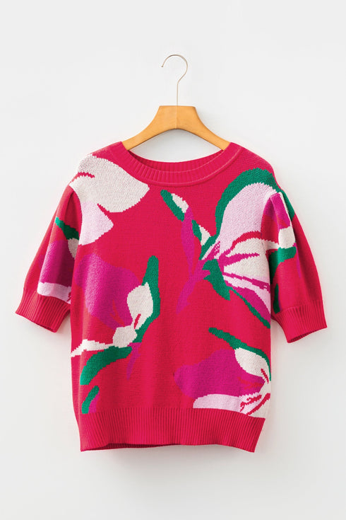 Short Puff Sleeve Abstract Floral Crew Neck Sweater