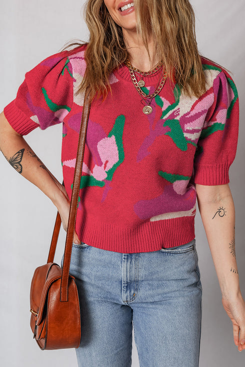 Short Puff Sleeve Abstract Floral Crew Neck Sweater